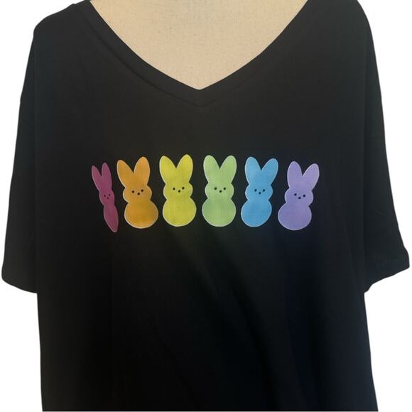 Pastel Rainbow Bunny Peeps Easter T-Shirt Short Sleeve Black Tee NEW - Picture 1 of 4